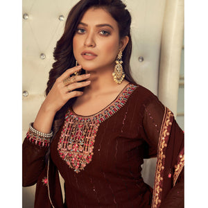 Brown Partywear Embroidery With Embellished Georgette Suit
