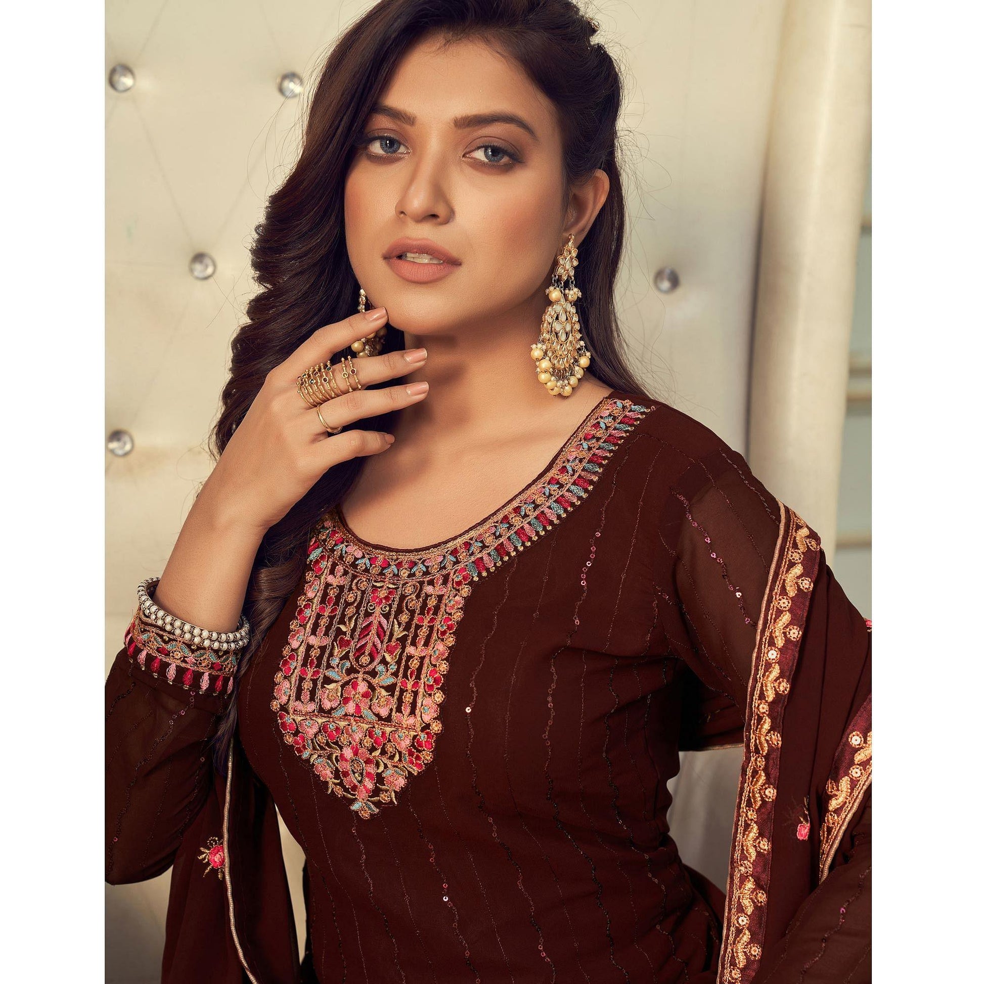 Brown Partywear Embroidery With Embellished Georgette Suit