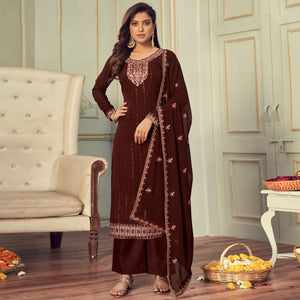 Brown Partywear Embroidery With Embellished Georgette Suit