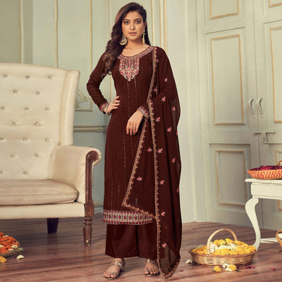 Brown Partywear Embroidery With Embellished Georgette Suit