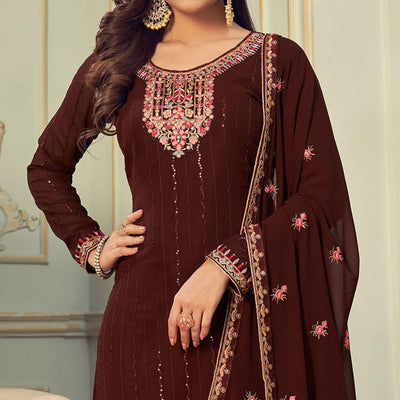 Brown Partywear Embroidery With Embellished Georgette Suit
