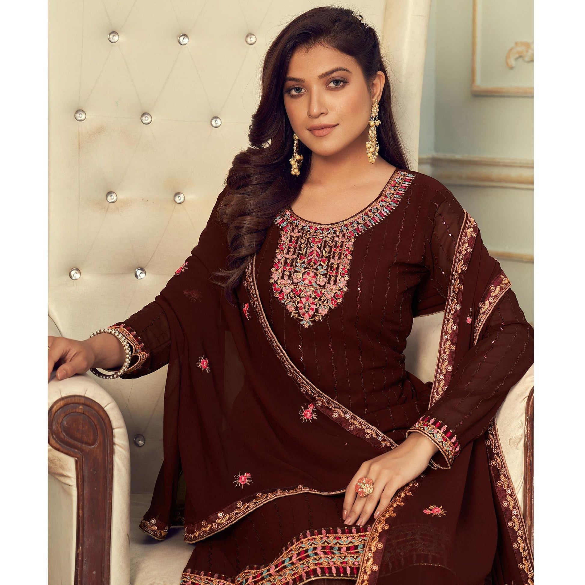 Brown Partywear Embroidery With Embellished Georgette Suit
