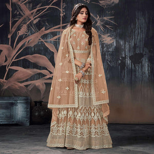 Brown Partywear Embroidery With Embellished Net Gown