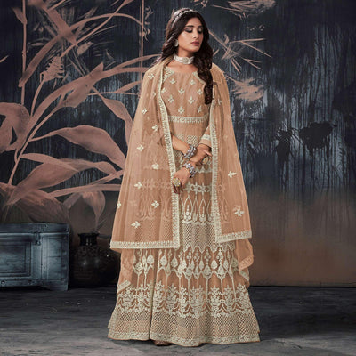 Brown Partywear Embroidery With Embellished Net Gown