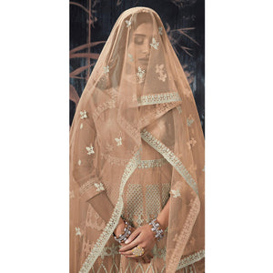 Brown Partywear Embroidery With Embellished Net Gown