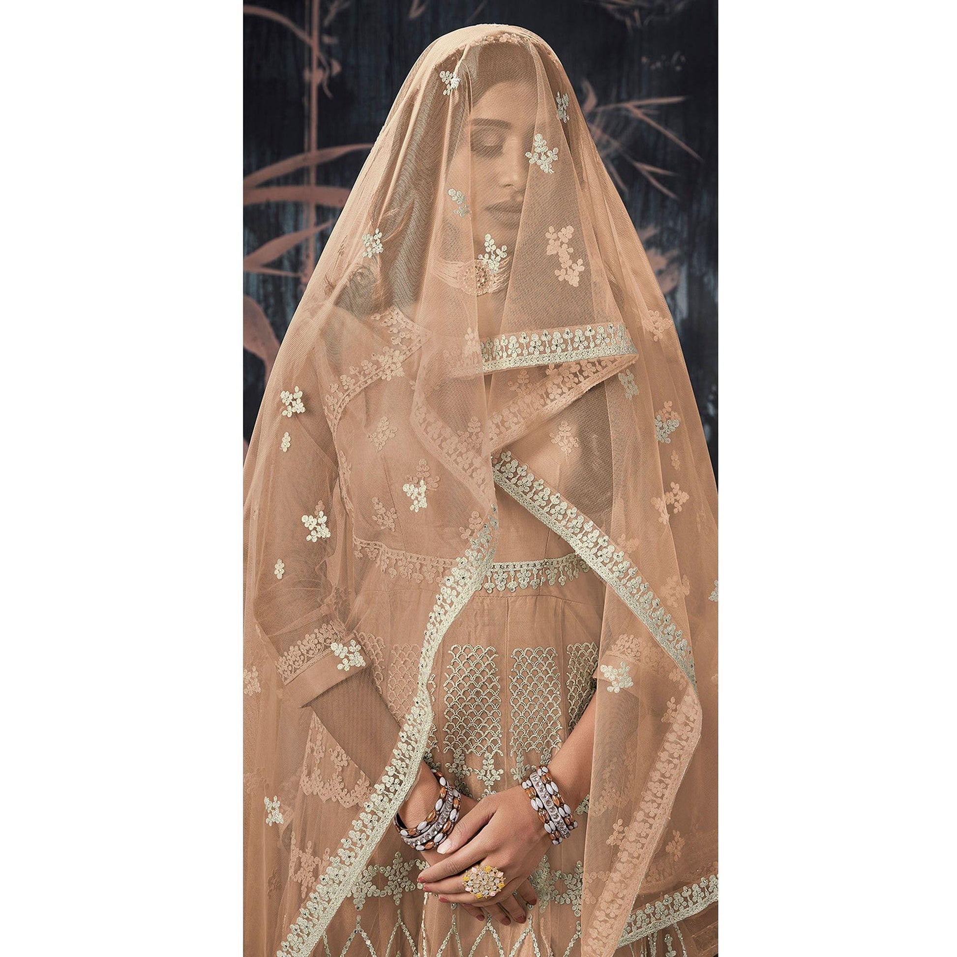 Brown Partywear Embroidery With Embellished Net Gown