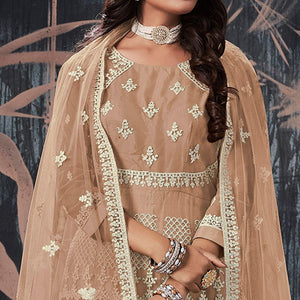 Brown Partywear Embroidery With Embellished Net Gown