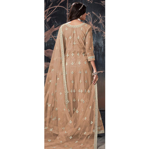 Brown Partywear Embroidery With Embellished Net Gown