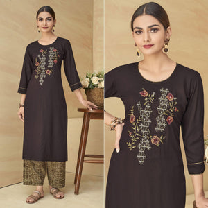 Brown Partywear Floral Embroidered Rayon Kurti Palazzo Set