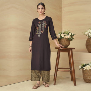 Brown Partywear Floral Embroidered Rayon Kurti Palazzo Set