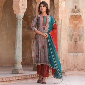 Brown Partywear Floral Printed Cotton Kurti - Pant Set With Dupatta