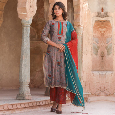 Brown Partywear Floral Printed Cotton Kurti - Pant Set With Dupatta