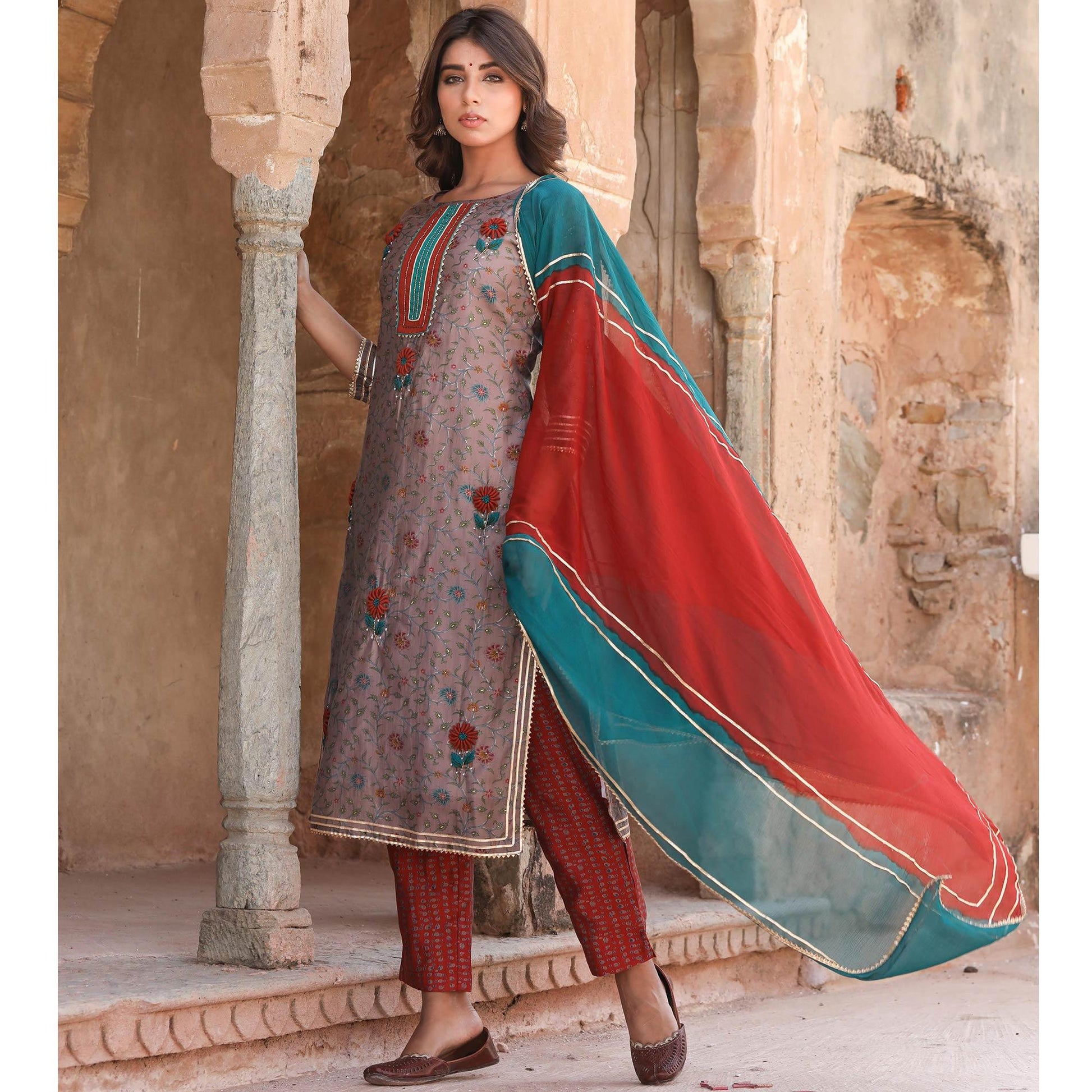 Brown Partywear Floral Printed Cotton Kurti - Pant Set With Dupatta