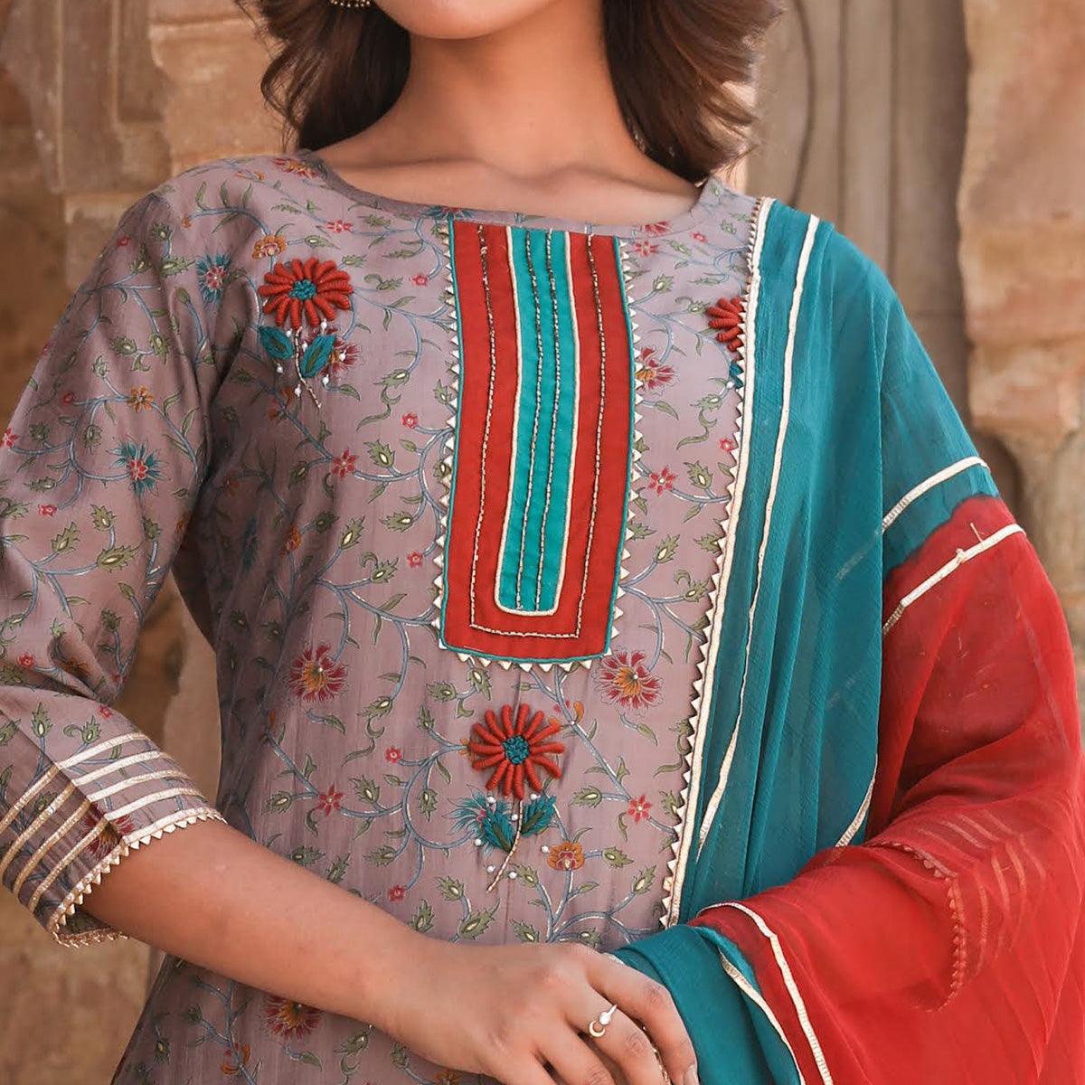 Brown Partywear Floral Printed Cotton Kurti - Pant Set With Dupatta