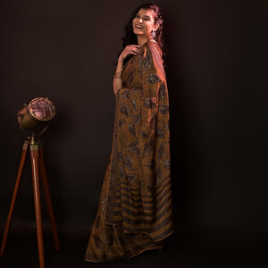Brown Partywear Foil Printed Diamond Lace Brasso Saree