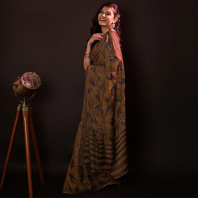 Brown Partywear Foil Printed Diamond Lace Brasso Saree