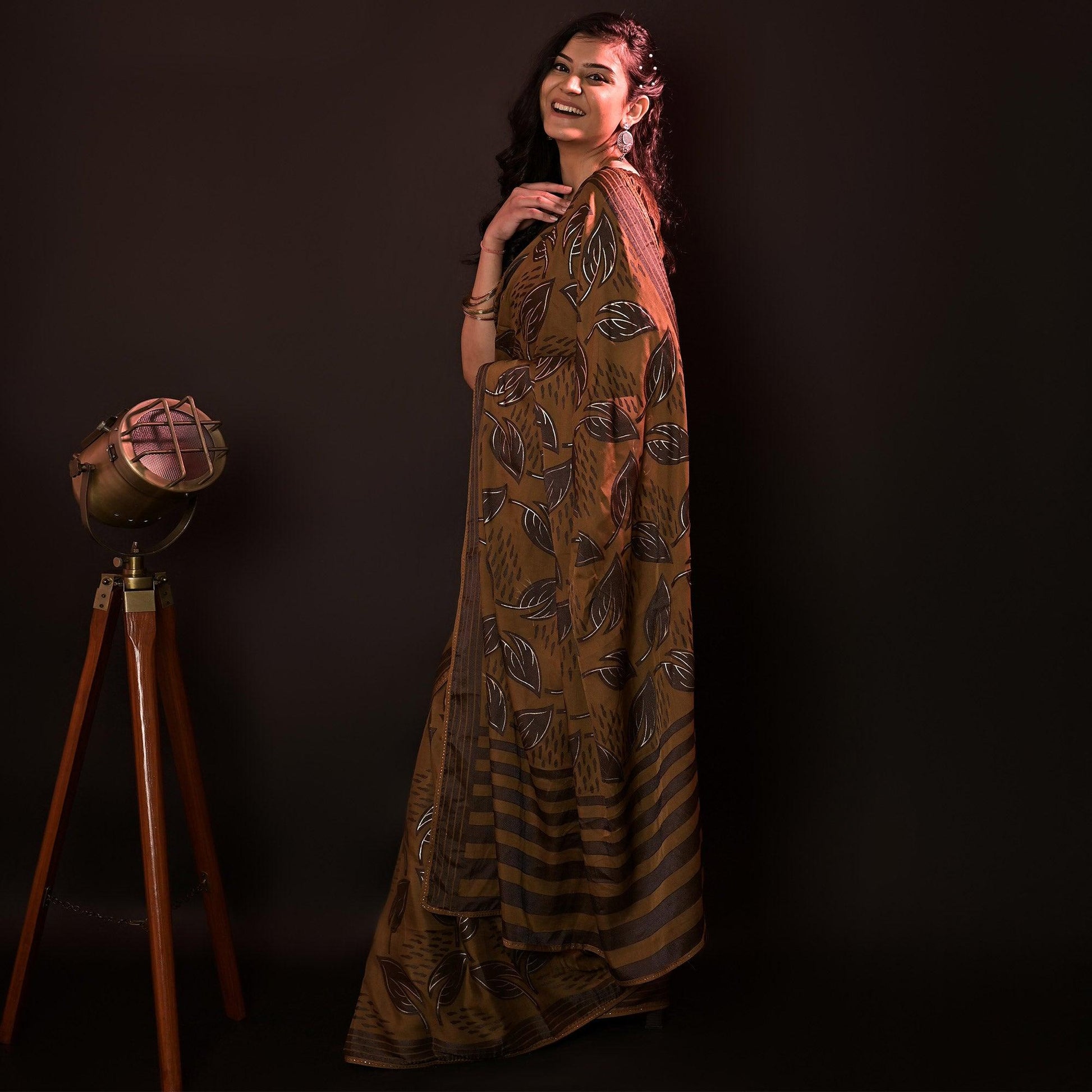 Brown Partywear Foil Printed Diamond Lace Brasso Saree
