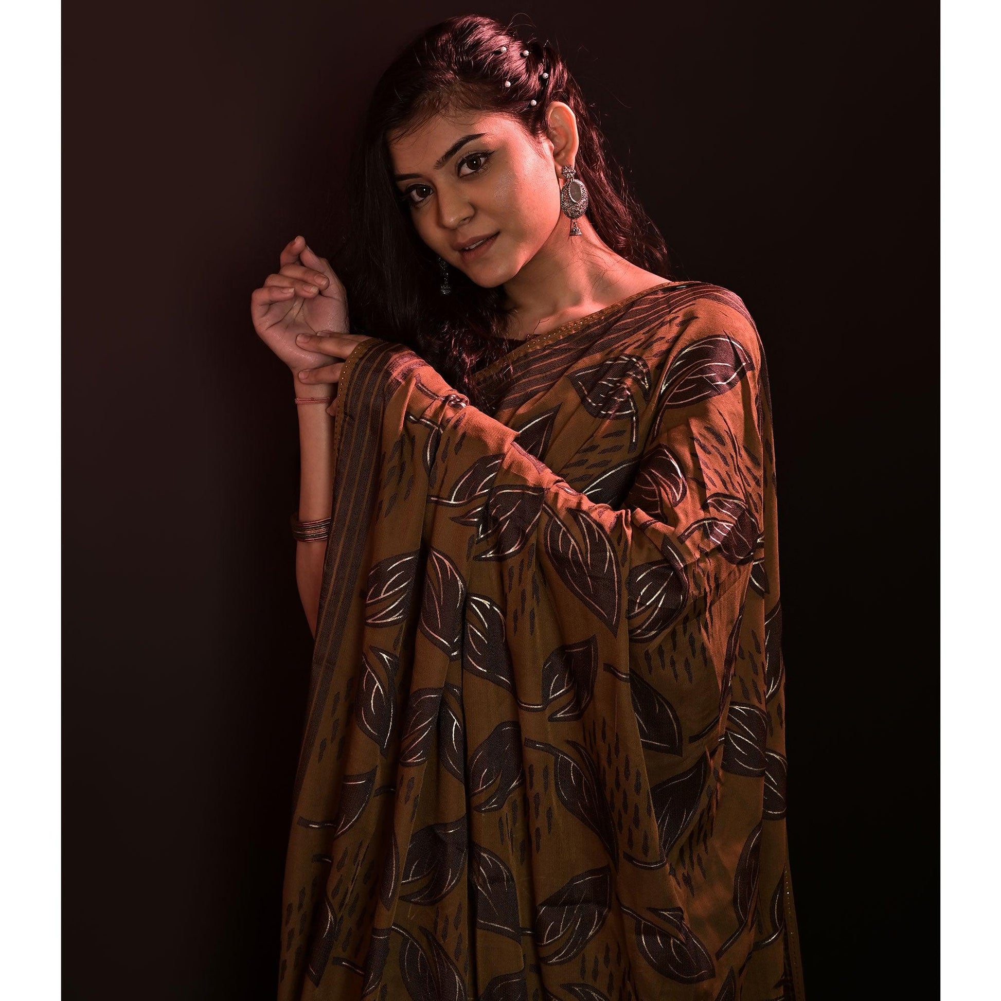 Brown Partywear Foil Printed Diamond Lace Brasso Saree