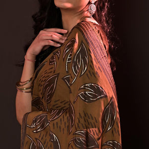 Brown Partywear Foil Printed Diamond Lace Brasso Saree