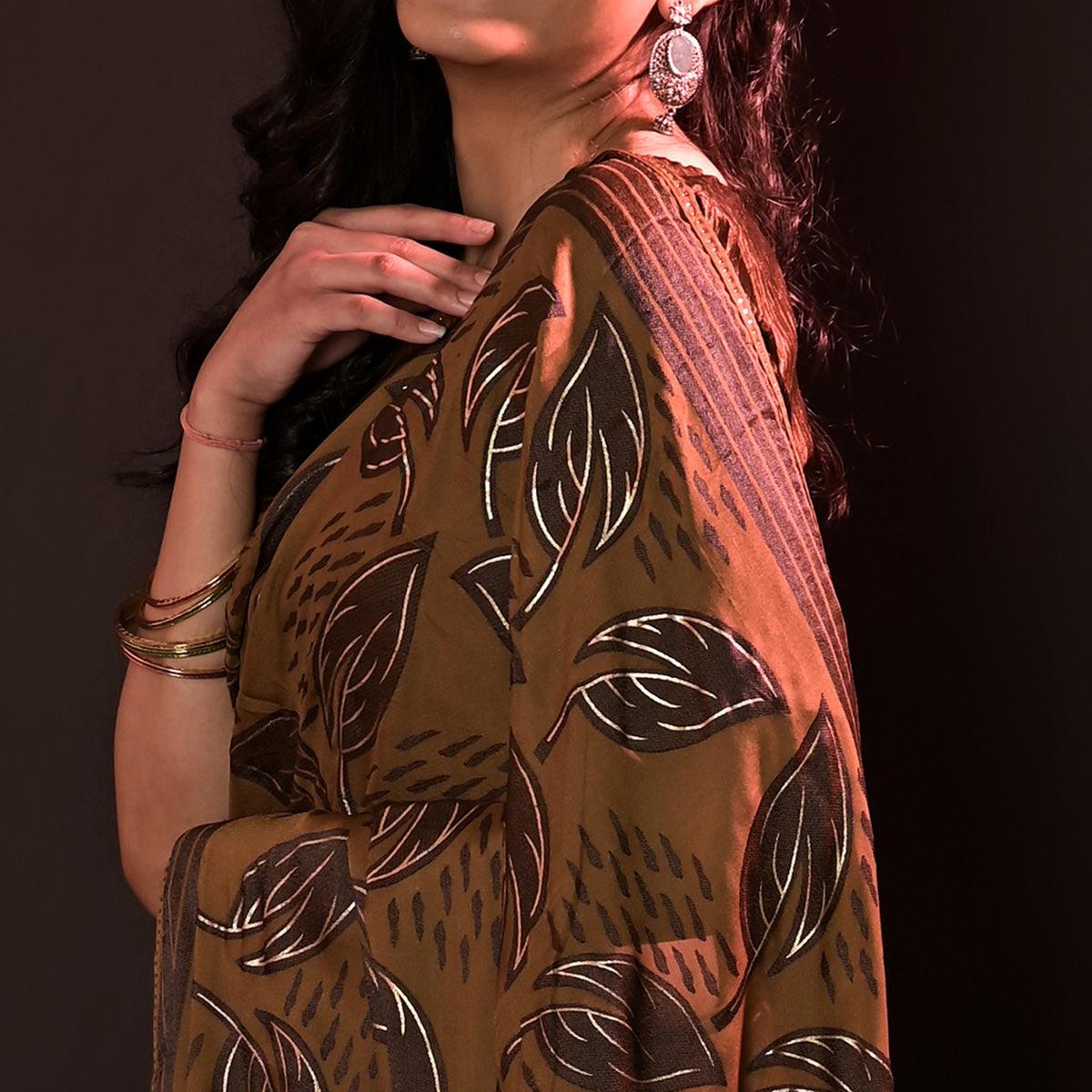 Brown Partywear Foil Printed Diamond Lace Brasso Saree