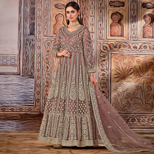 Brown Partywear Heavy Embroidered Net Anarkali Suit