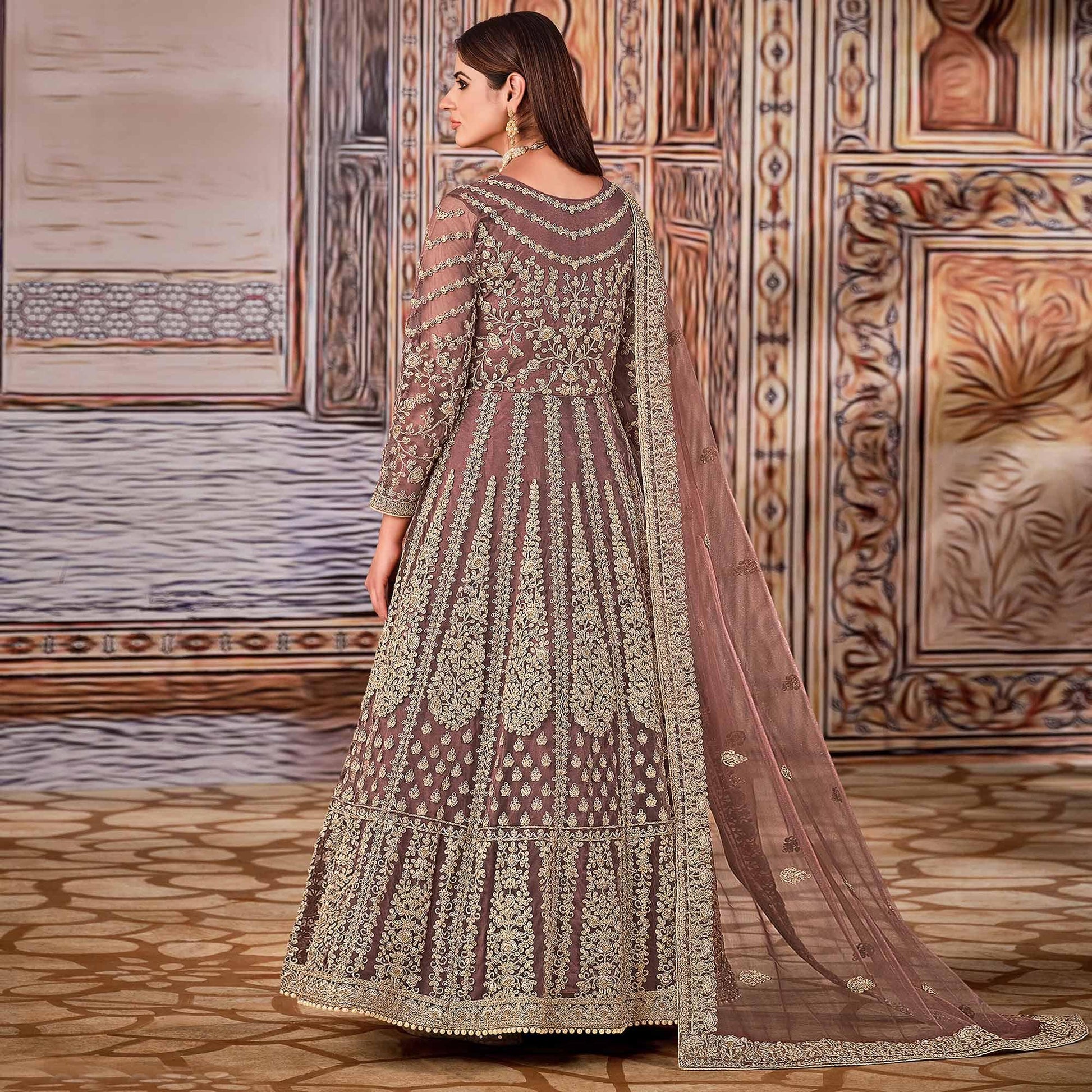 Brown Partywear Heavy Embroidered Net Anarkali Suit