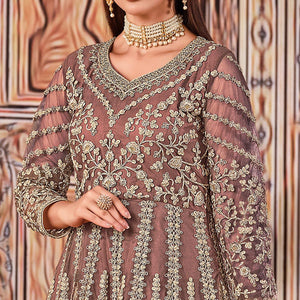 Brown Partywear Heavy Embroidered Net Anarkali Suit