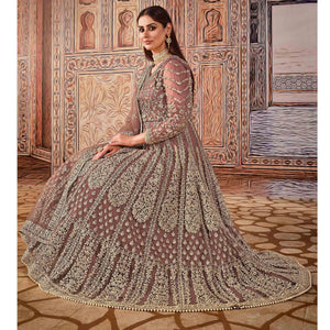 Brown Partywear Heavy Embroidered Net Anarkali Suit