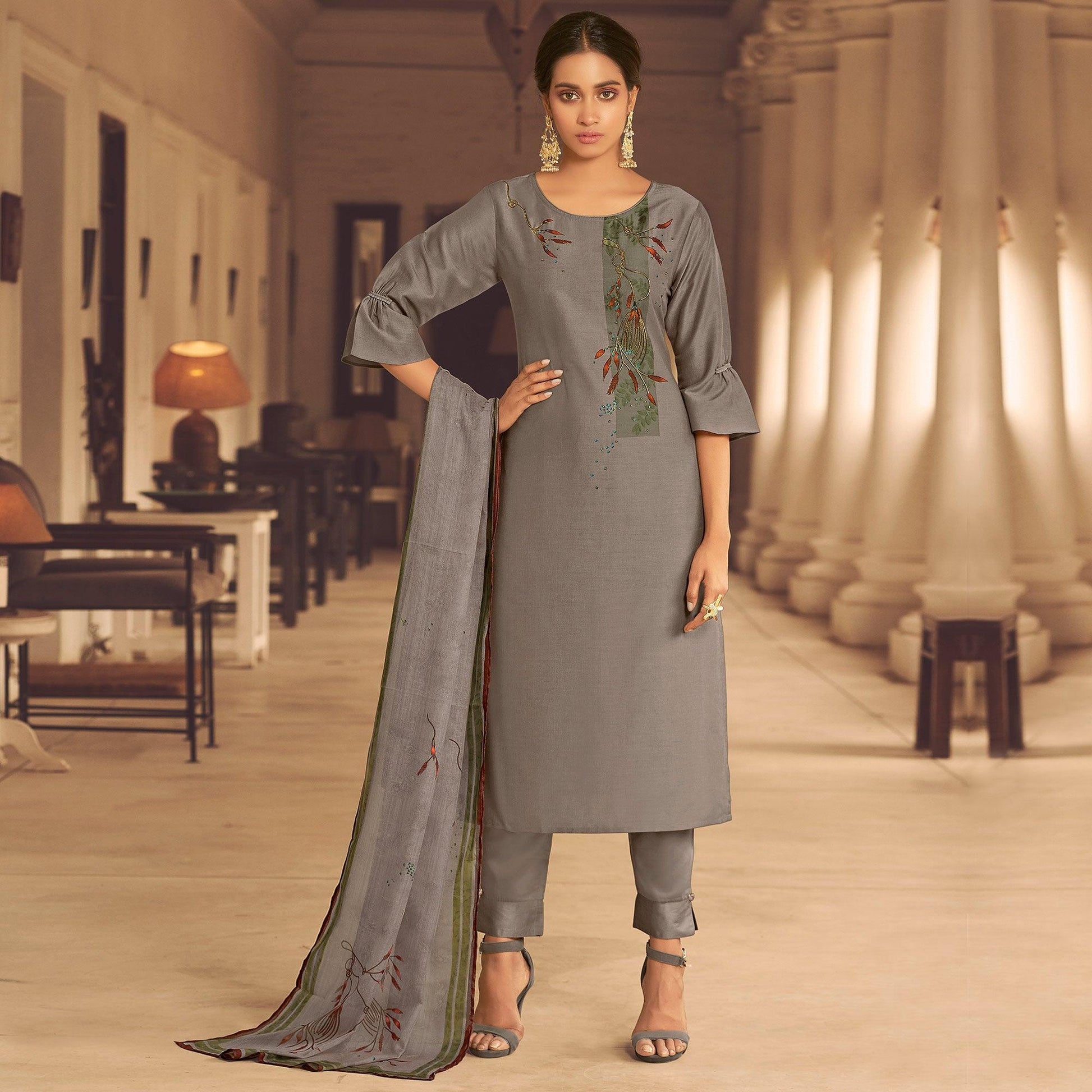 Brown Partywear Heavy Hand Work Bemberg Silk Suit