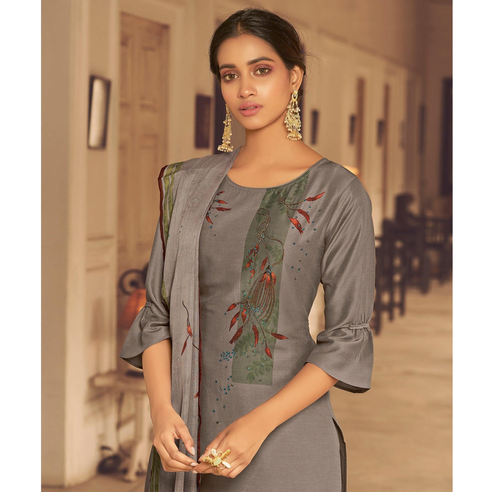 Brown Partywear Heavy Hand Work Bemberg Silk Suit