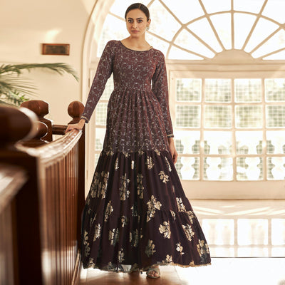 Brown Partywear Metallic Foil Work Georgette Gown