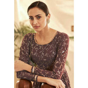 Brown Partywear Metallic Foil Work Georgette Gown