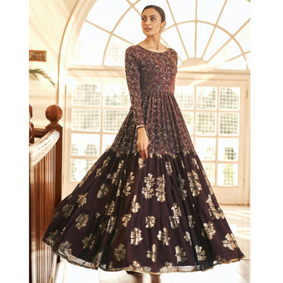 Brown Partywear Metallic Foil Work Georgette Gown