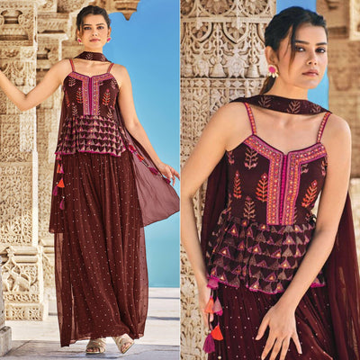 Brown Partywear Patola Printed Silk Sharara Suit