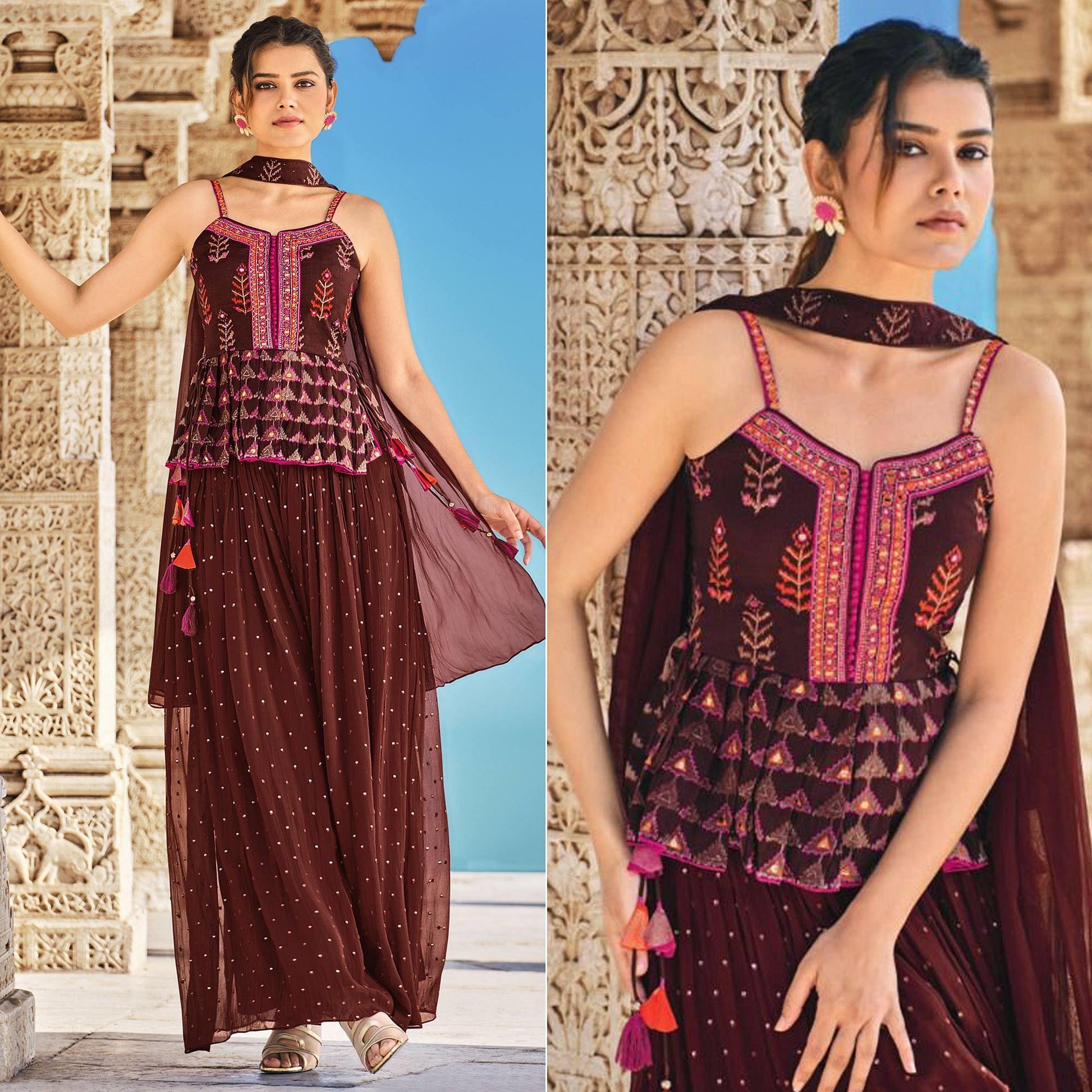 Brown Partywear Patola Printed Silk Sharara Suit