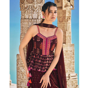 Brown Partywear Patola Printed Silk Sharara Suit