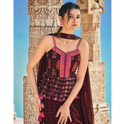 Brown Partywear Patola Printed Silk Sharara Suit