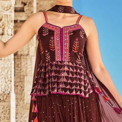 Brown Partywear Patola Printed Silk Sharara Suit