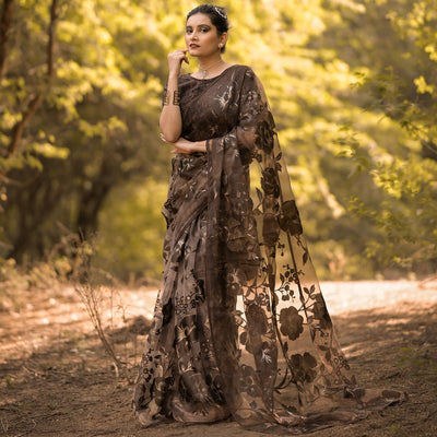 Brown Partywear Piping Stone Velvet Zari Organza Saree