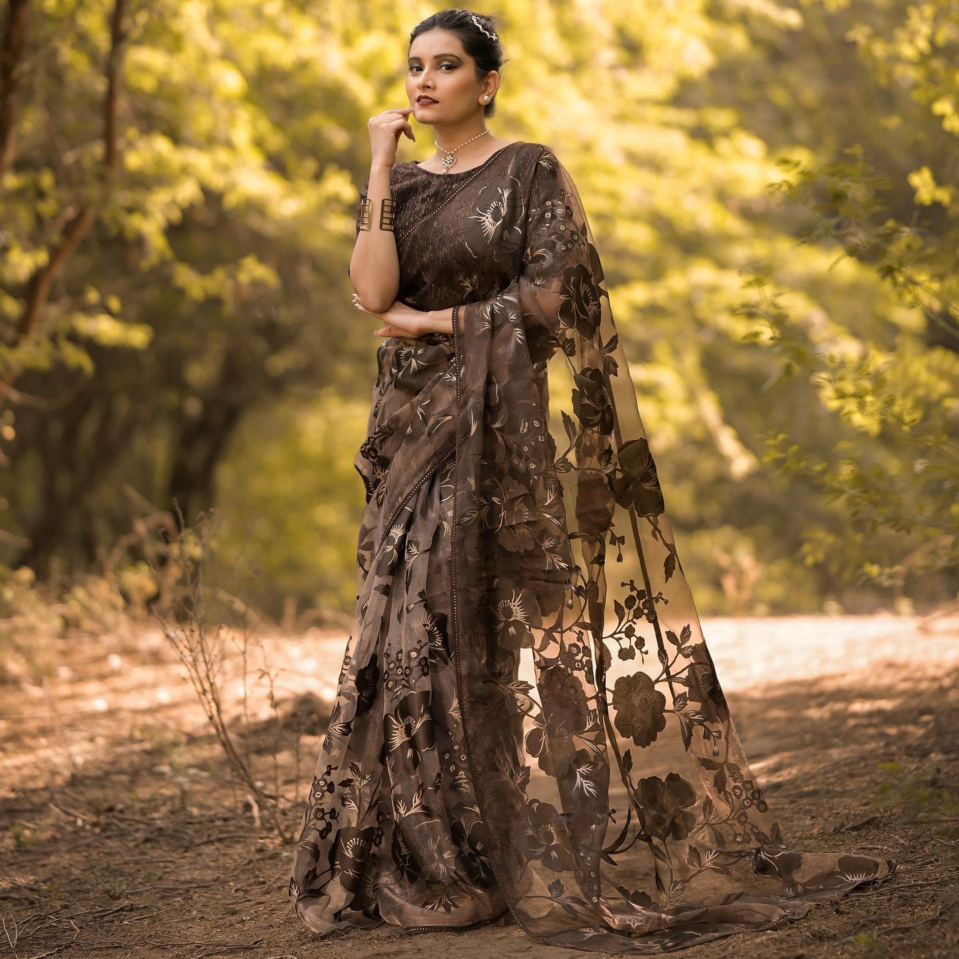 Brown Partywear Piping Stone Velvet Zari Organza Saree
