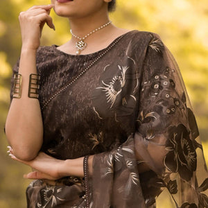Brown Partywear Piping Stone Velvet Zari Organza Saree