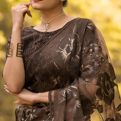 Brown Partywear Piping Stone Velvet Zari Organza Saree