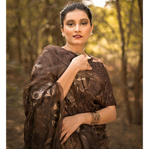 Brown Partywear Piping Stone Velvet Zari Organza Saree