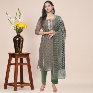 Brown Partywear Printed With Gotta Patti cotton Kurti Pant Set With Dupatta