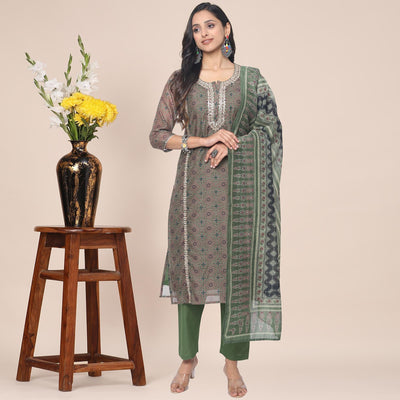 Brown Partywear Printed With Gotta Patti cotton Kurti Pant Set With Dupatta