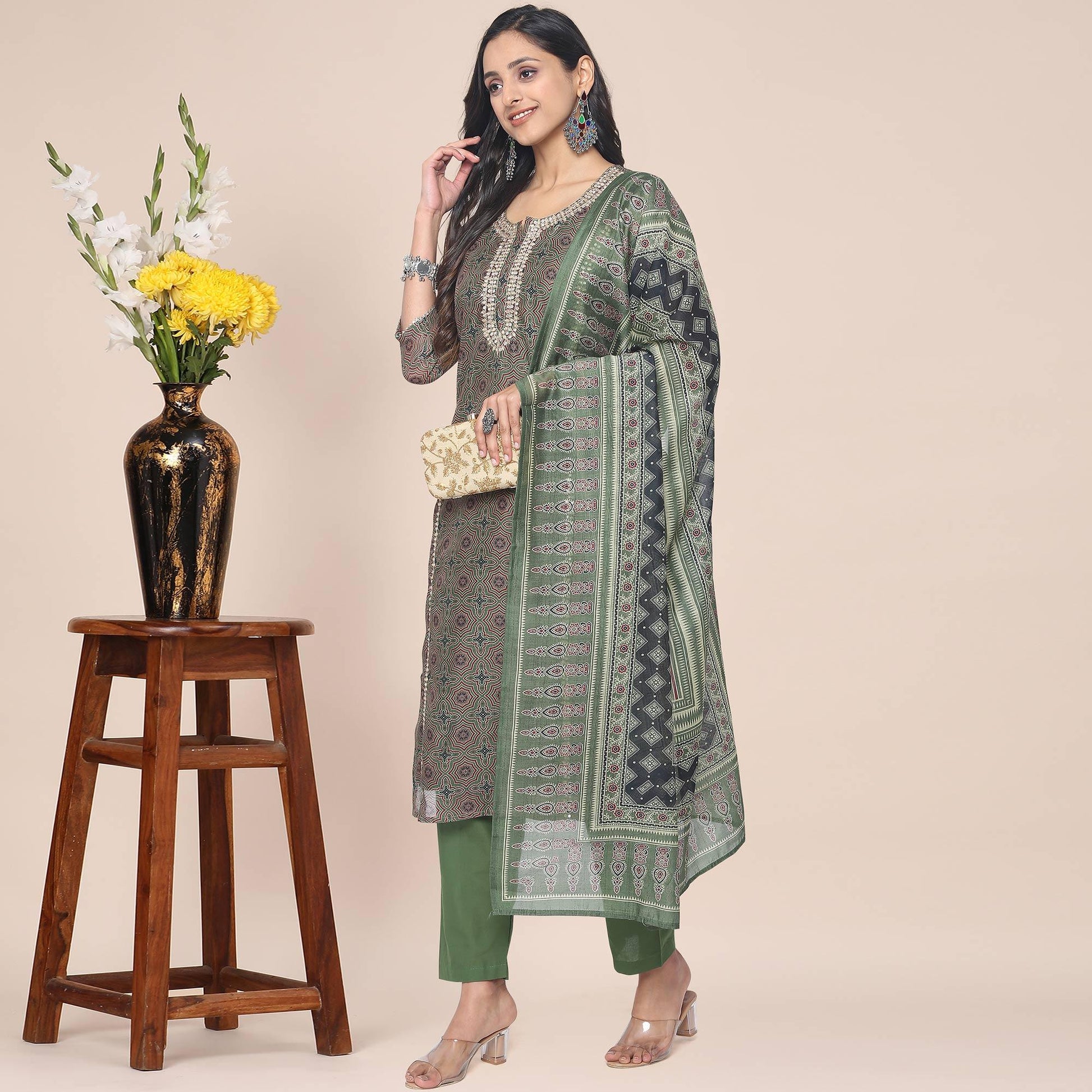 Brown Partywear Printed With Gotta Patti cotton Kurti Pant Set With Dupatta