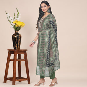 Brown Partywear Printed With Gotta Patti cotton Kurti Pant Set With Dupatta