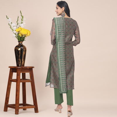 Brown Partywear Printed With Gotta Patti cotton Kurti Pant Set With Dupatta