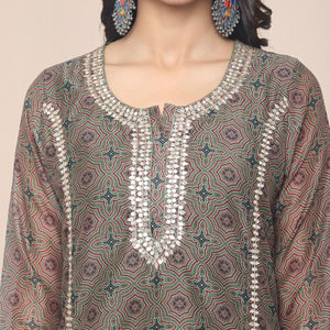 Brown Partywear Printed With Gotta Patti cotton Kurti Pant Set With Dupatta