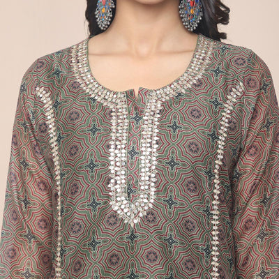 Brown Partywear Printed With Gotta Patti cotton Kurti Pant Set With Dupatta